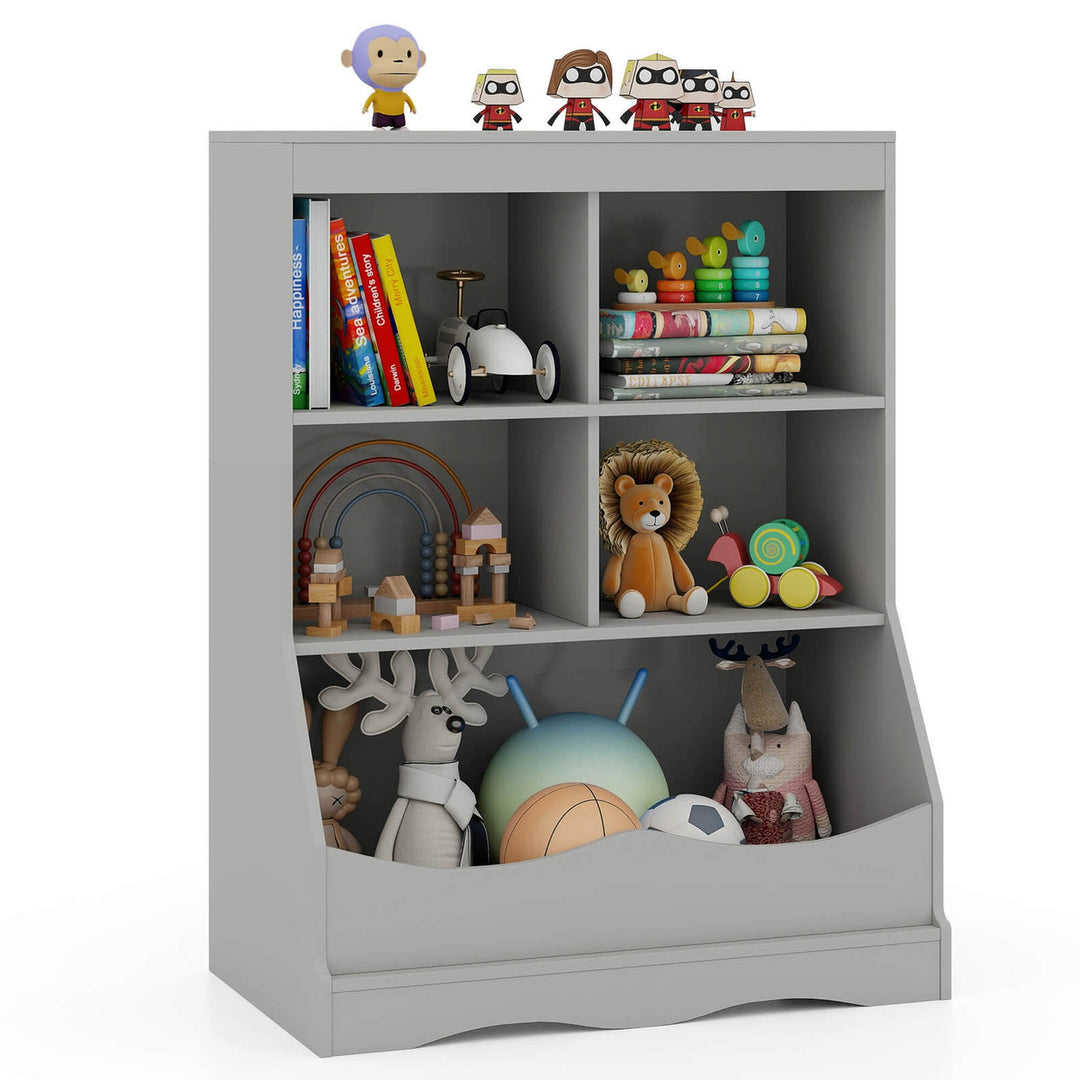 Costway 3-Tier Childrens Multi-Functional Bookcase Toy Storage Bin Floor Cabinet Gray/White/Natural Image 3