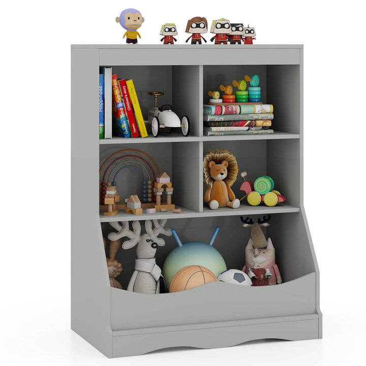 Costway 3-Tier Childrens Multi-Functional Bookcase Toy Storage Bin Floor Cabinet Gray/White/Natural Image 1