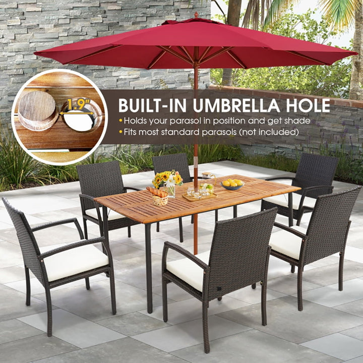 Hommoo Patio Acacia Wood Dining Table with Umbrella Hole and Metal Legs, Slatted Outdoor Coffee Table for Outside Patio Image 3