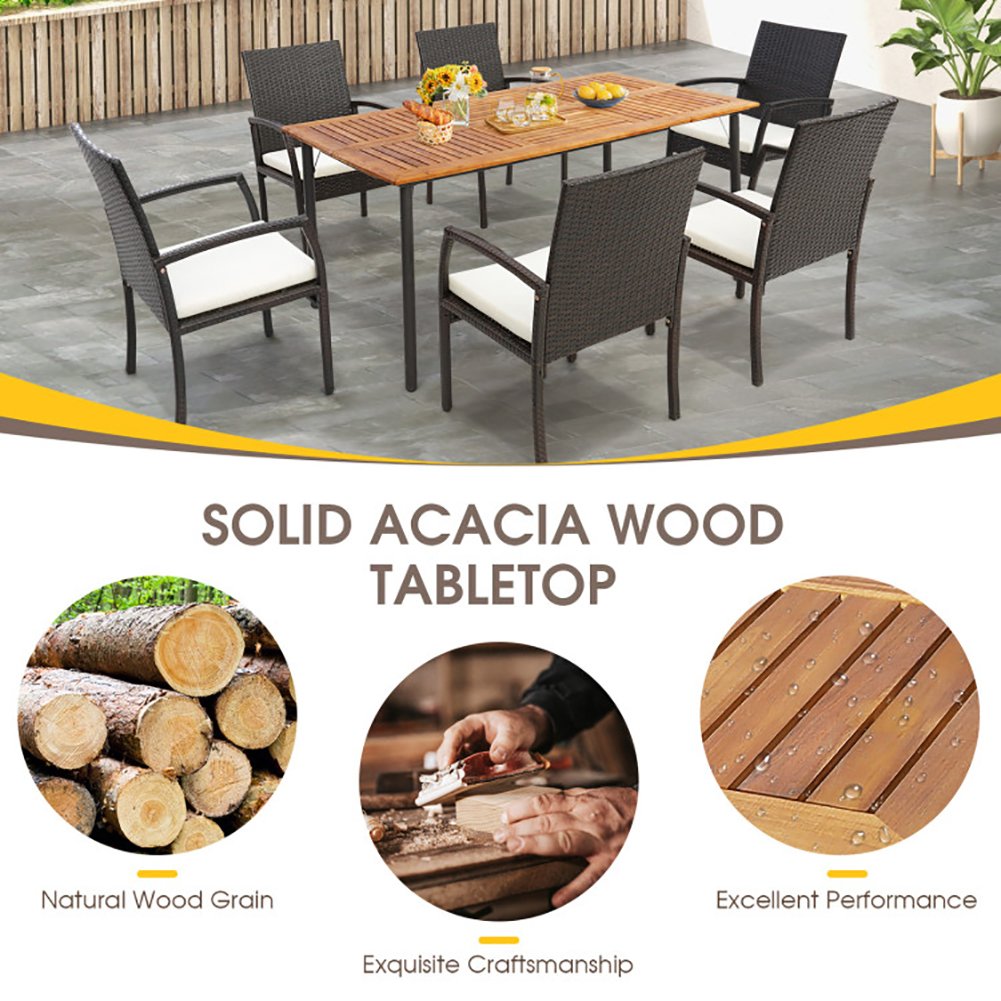 Hommoo Patio Acacia Wood Dining Table with Umbrella Hole and Metal Legs, Slatted Outdoor Coffee Table for Outside Patio Image 5