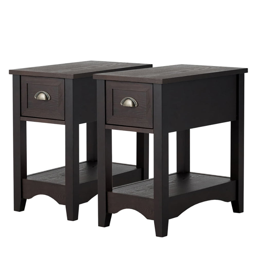 Hommoo Nightstand,Coffee Side Table,2 Pieces Retro Narrow Tiered End Table with Drawer and Storing Shelf-Brown Image 1