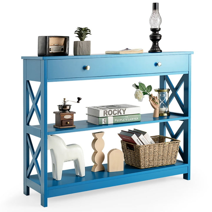 Hommoo Console Table 3-Tier with Drawer and Storage Shelves, Narrow Console Table, Blue Image 5