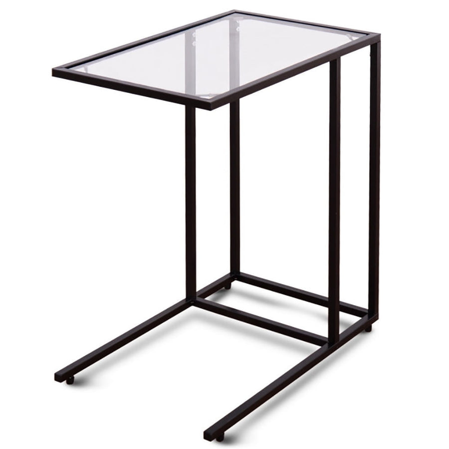 Hommoo Sofa End Table Coffee Side Table with Glass Top, Functional Glass Top Side Table, Slides Close to Sofa, Ideal for Image 1