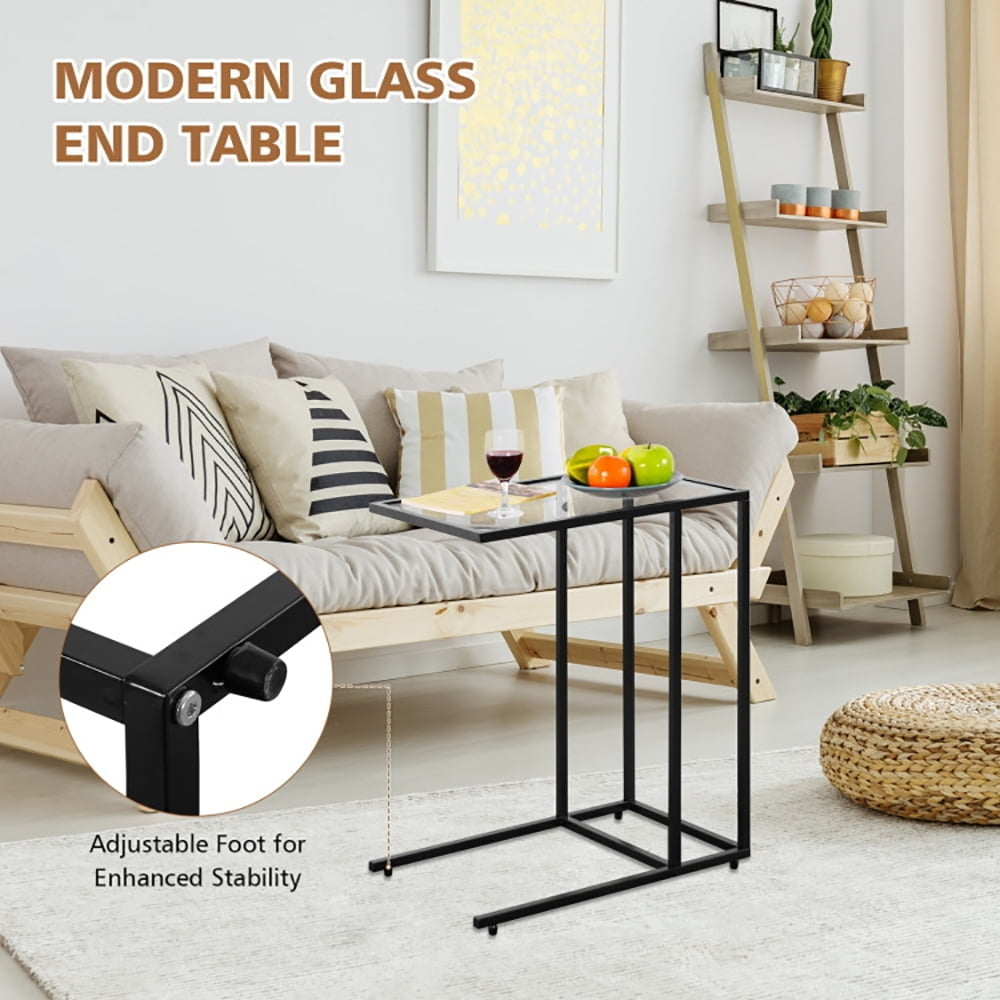 Hommoo Sofa End Table Coffee Side Table with Glass Top, Functional Glass Top Side Table, Slides Close to Sofa, Ideal for Image 2