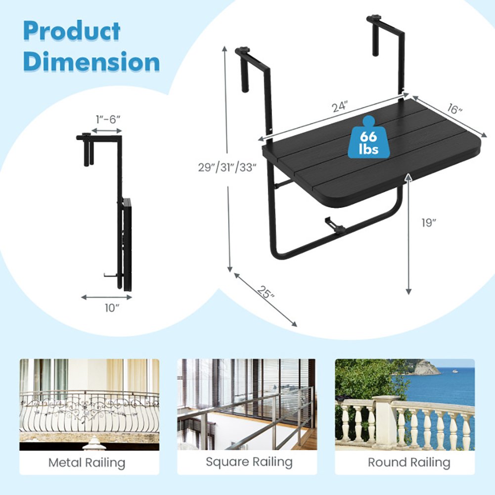 Hommoo Folding Hanging Table with 3-Level Adjustable Height for Patio Balcony-Black, Slatted Outdoor Coffee Table for Image 2