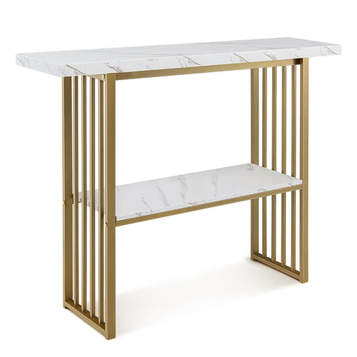 Hommoo 48 Inch 2-Tier Console Table with Gold Finished Frame, Narrow Console Table, White Image 1