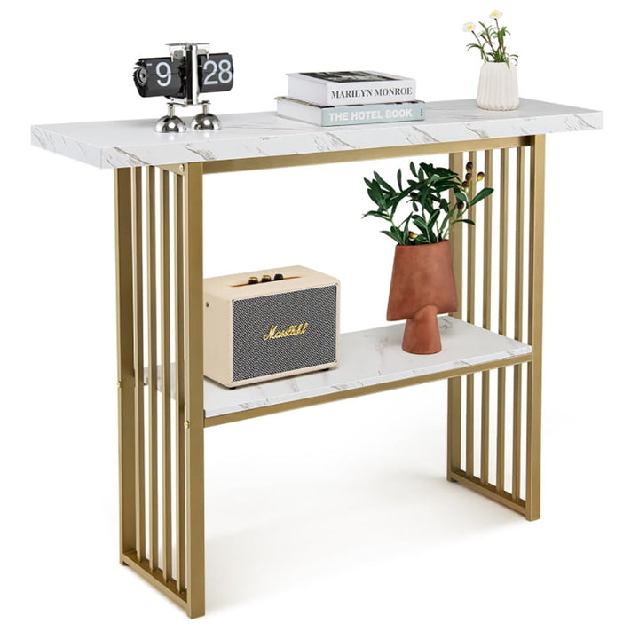 Hommoo 48 Inch 2-Tier Console Table with Gold Finished Frame, Narrow Console Table, White Image 2