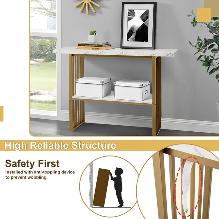 Hommoo 48 Inch 2-Tier Console Table with Gold Finished Frame, Narrow Console Table, White Image 4