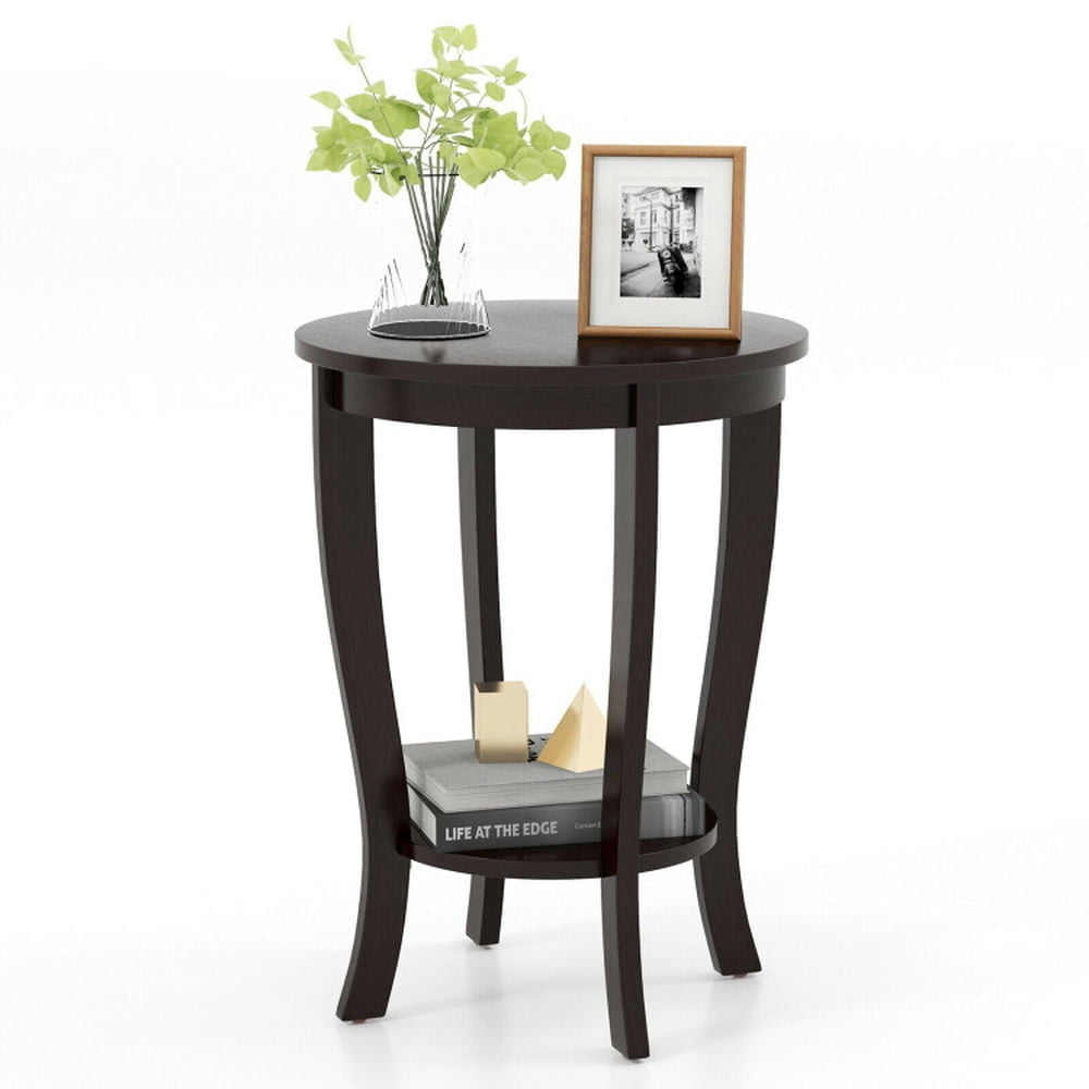 Hommoo 2-tier Round End Table with Solid Wood Legs-Espresso, Nightstand Small Side Table, End Table for Bedroom Living Image 3