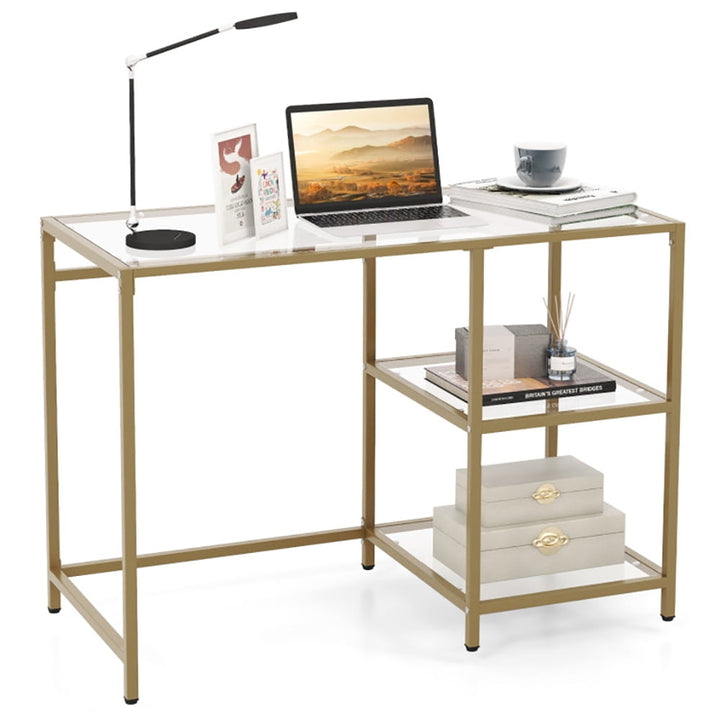 Hommoo Modern Console Table with 2 Open Shelves and Metal Frame, Narrow Console Table, Golden Image 4