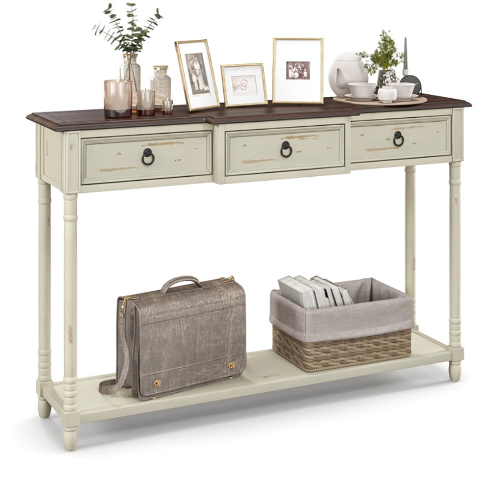 Hommoo 52 Inch Farmhouse Console Table with 3 Drawers and Open Storage Shelf for Hallway Image 2