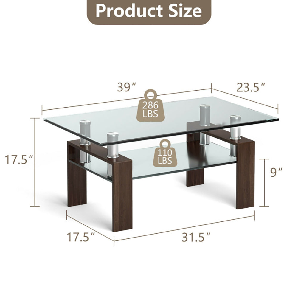 Hommoo Coffee Table, Modern Sofa Table Tea Table,Rectangle Glass Coffee Table with Metal Legs for Living Room-Brown Image 2