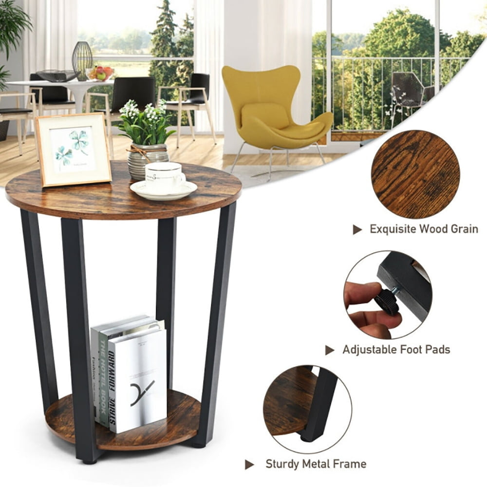 Hommoo Nightstand,Coffee Side Table,2-tier Round End Table with Storage Shelf and Metal Frame-Brown Image 2