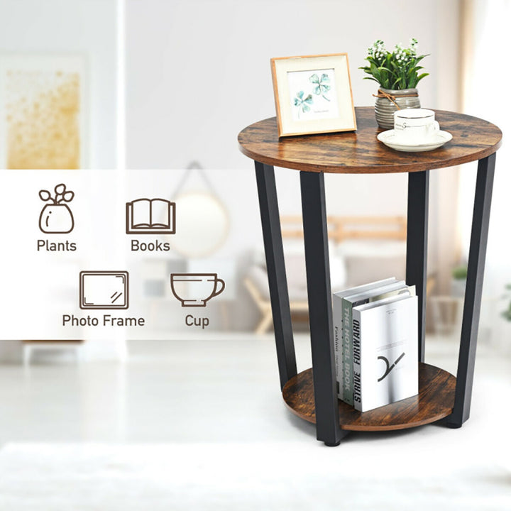 Hommoo Nightstand,Coffee Side Table,2-tier Round End Table with Storage Shelf and Metal Frame-Brown Image 3