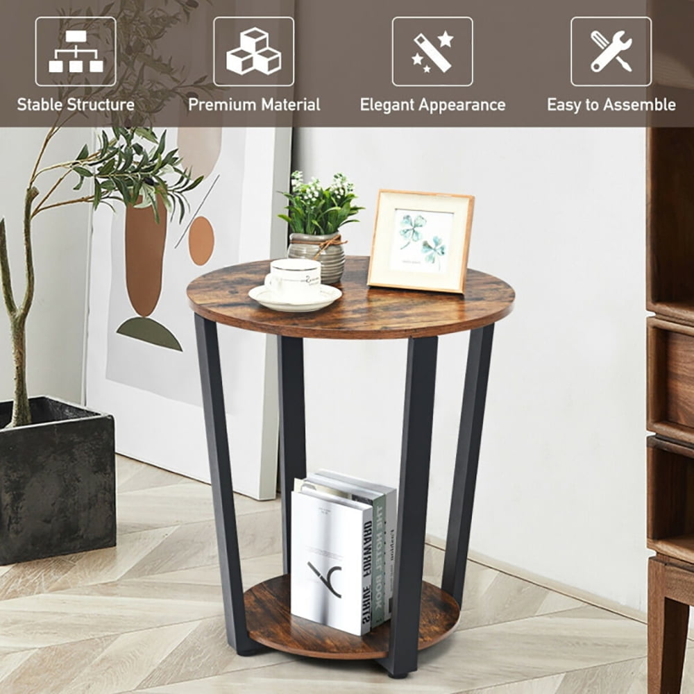 Hommoo Nightstand,Coffee Side Table,2-tier Round End Table with Storage Shelf and Metal Frame-Brown Image 5