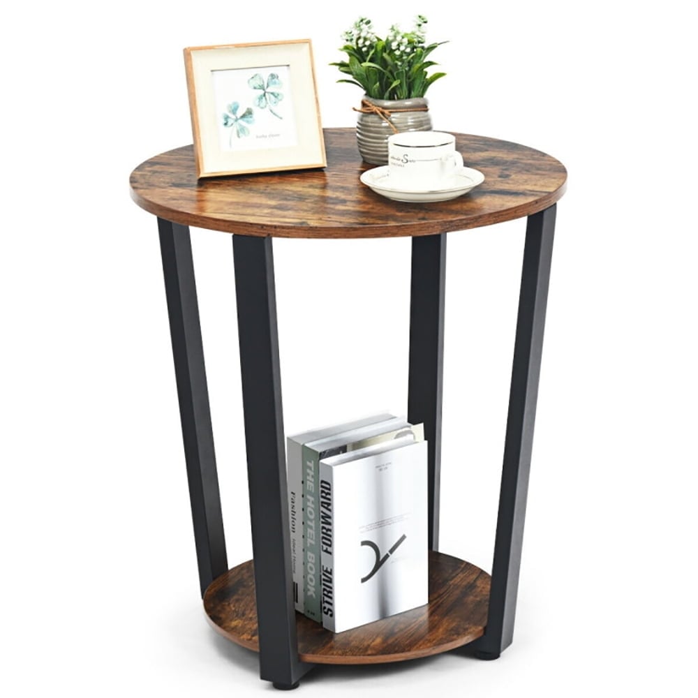 Hommoo Nightstand,Coffee Side Table,2-tier Round End Table with Storage Shelf and Metal Frame-Brown Image 7