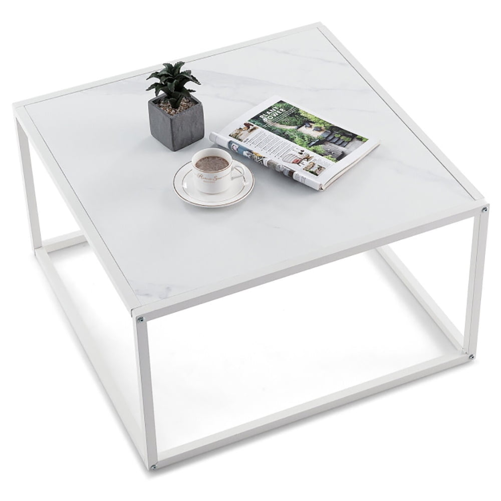 Hommoo Coffee Table, Modern Sofa Table Tea Table,Modern Glass Square Coffee Table with Metal Frame for Living Room-White Image 2