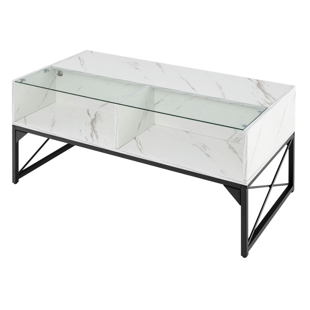 Hommoo Coffee Table,Center Table, Modern Sofa Table Tea Table,Center Table with Faux Marble and Tempered Glass Top-White Image 1