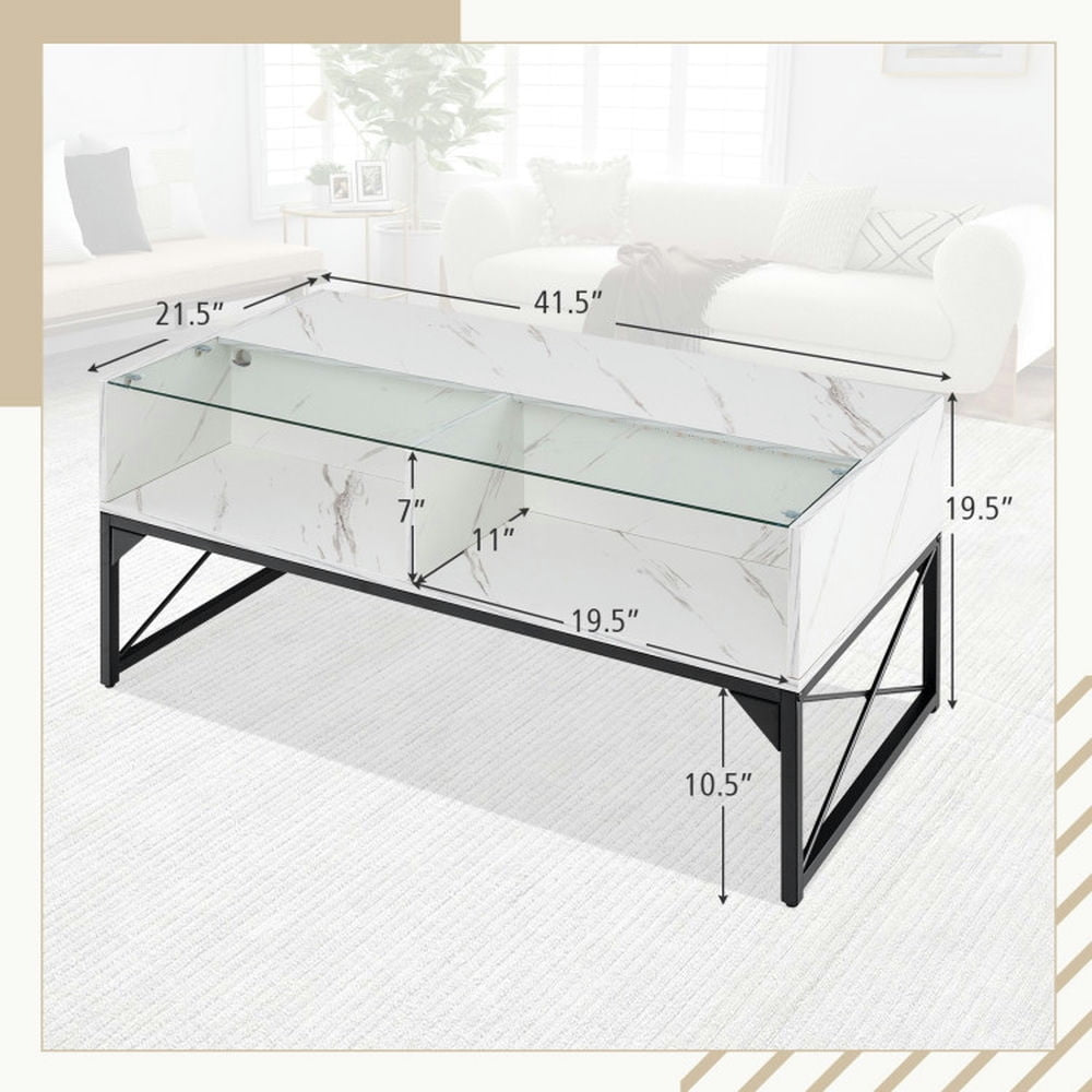 Hommoo Coffee Table,Center Table, Modern Sofa Table Tea Table,Center Table with Faux Marble and Tempered Glass Top-White Image 2