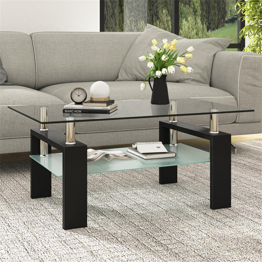 Hommoo Living Room Coffee Table with Storage Open Shelf Black Frame Glass Tables Image 1