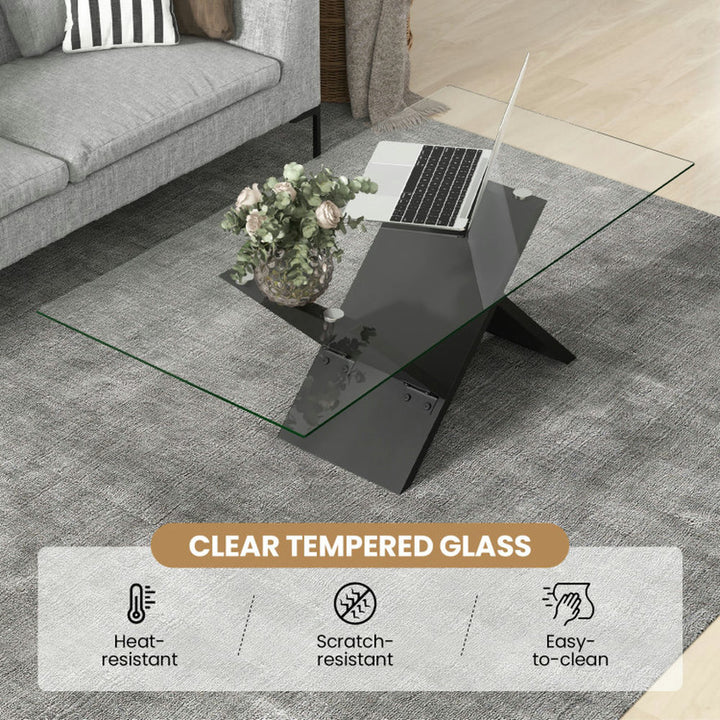 Hommoo Coffee Table, 47 Inch Rectangle Glass Coffee Table Modern Center Table with Tempered Glass Tabletop, Black Image 3