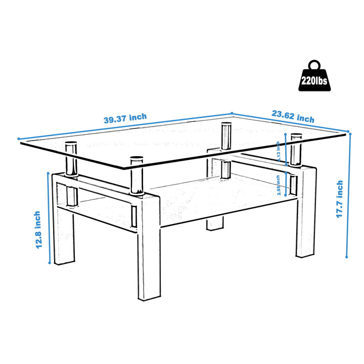 Hommoo Living Room Coffee Table with Storage Open Shelf Black Frame Glass Tables Image 2