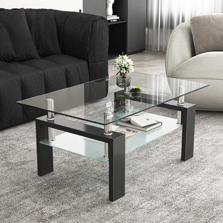 Hommoo Living Room Coffee Table with Storage Open Shelf Black Frame Glass Tables Image 3