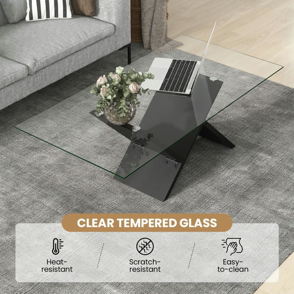 Hommoo Coffee Table, 47 Inch Rectangle Glass Coffee Table Modern Center Table with Tempered Glass Tabletop, Black Image 5