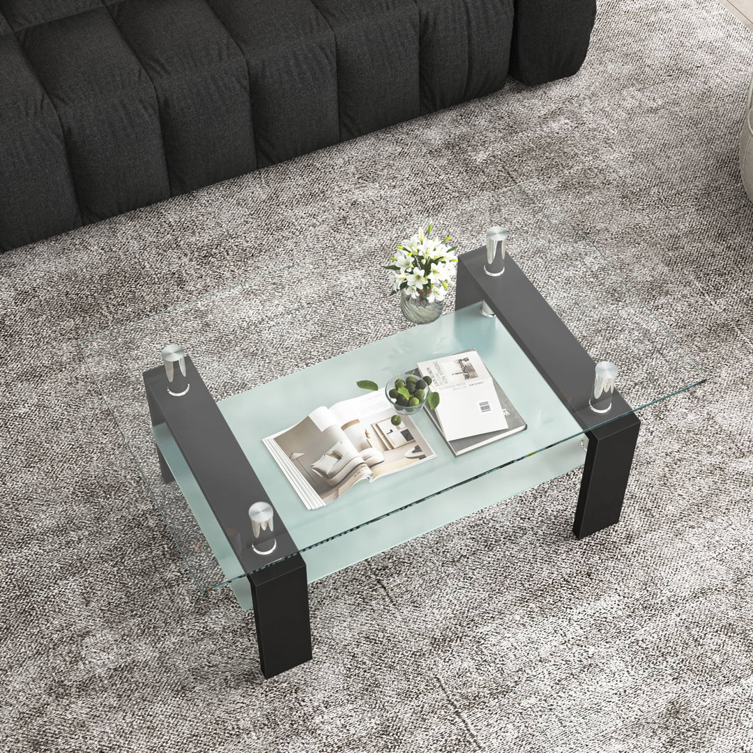 Hommoo Living Room Coffee Table with Storage Open Shelf Black Frame Glass Tables Image 4