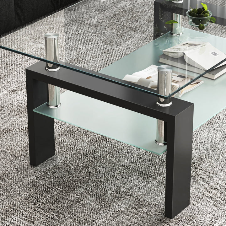 Hommoo Living Room Coffee Table with Storage Open Shelf Black Frame Glass Tables Image 7