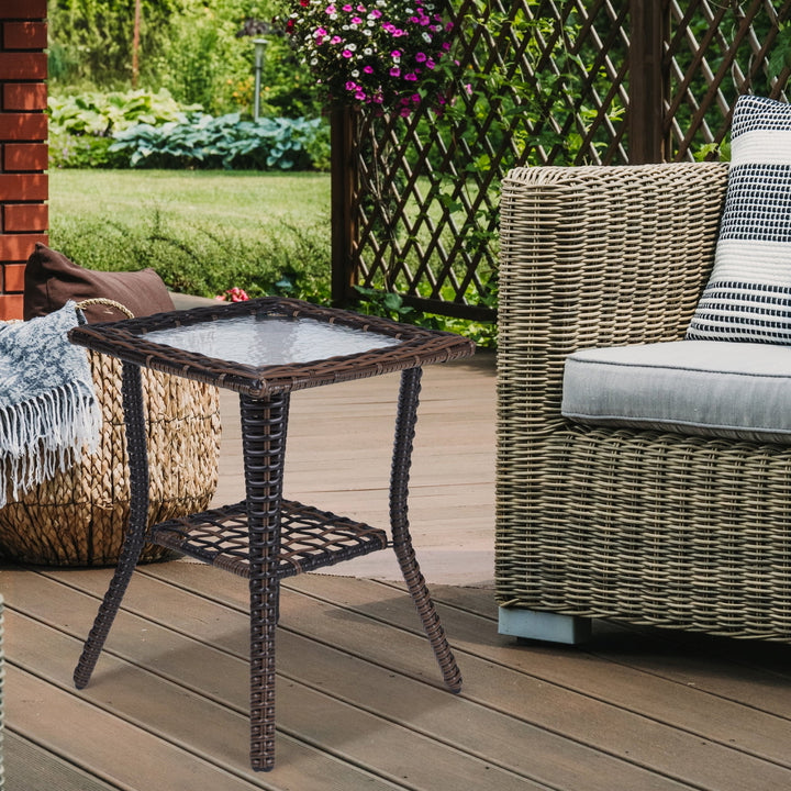 Hommoo Wicker Side Table with Glass Table Top, Square PE Rattan Outdoor End Table for Patio, Garden, Poolside, Brown Image 1