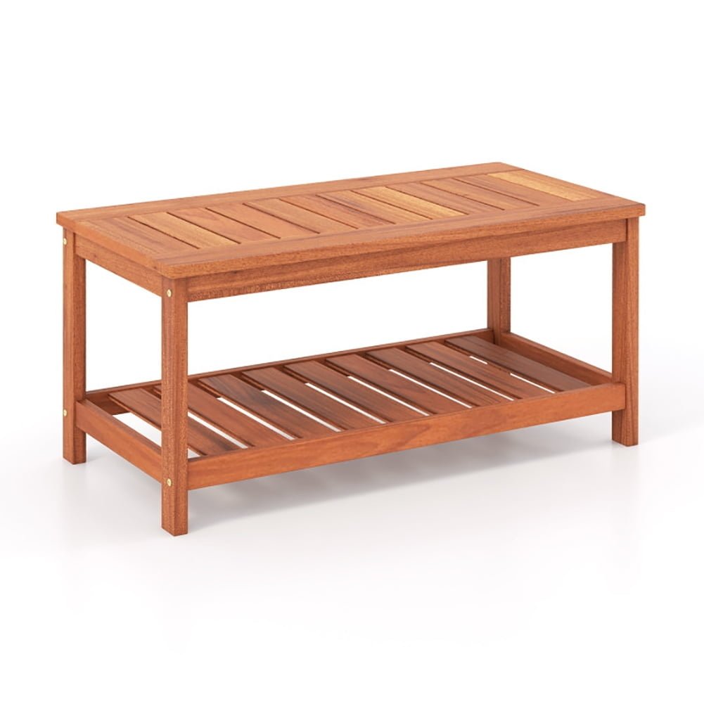 Hommoo 2-Tier Patio Coffee Table with Slatted Tabletop and Shelf, Slatted Outdoor Coffee Table for Outside Patio Storage Image 1