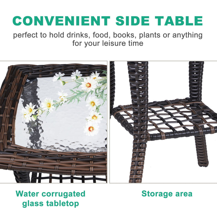 Hommoo Wicker Side Table with Glass Table Top, Square PE Rattan Outdoor End Table for Patio, Garden, Poolside, Brown Image 5