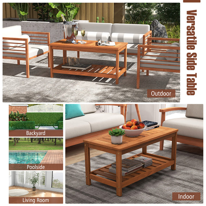 Hommoo 2-Tier Patio Coffee Table with Slatted Tabletop and Shelf, Slatted Outdoor Coffee Table for Outside Patio Storage Image 5