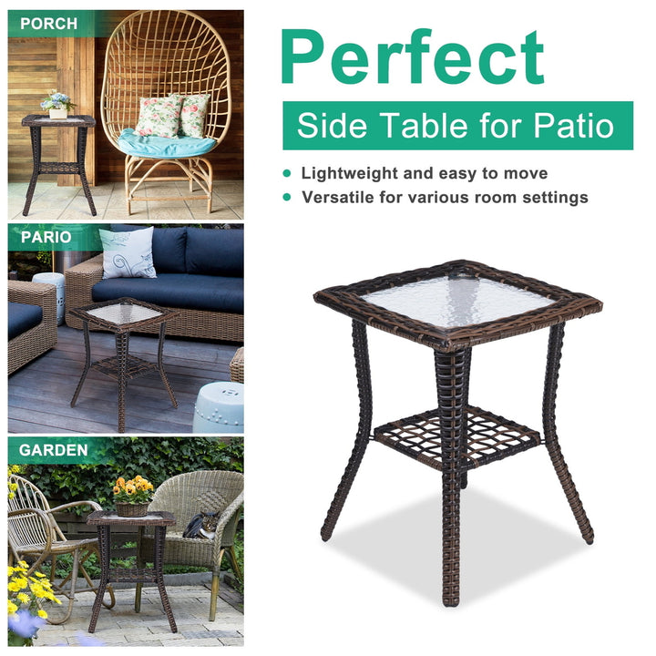 Hommoo Wicker Side Table with Glass Table Top, Square PE Rattan Outdoor End Table for Patio, Garden, Poolside, Brown Image 7