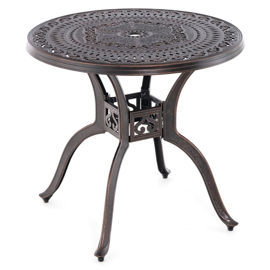 Hommoo 31.5" Cast Aluminum Table Patio Round Dining Table with Umbrella Hole-Copper Slatted Outdoor Coffee Table for Image 1