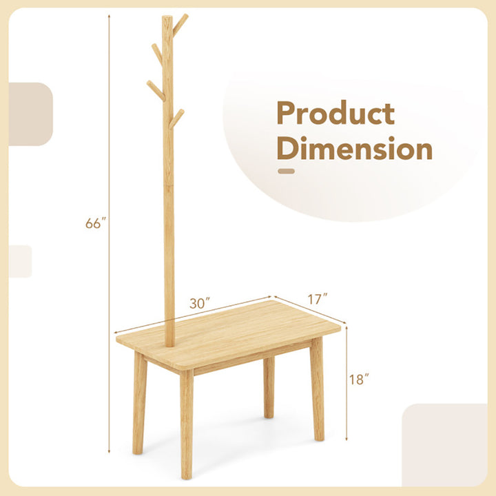 Hommoo End Table with Coat Rack Solid Wood Coat Tree with 2-in-1 Side Table-Natural Image 3