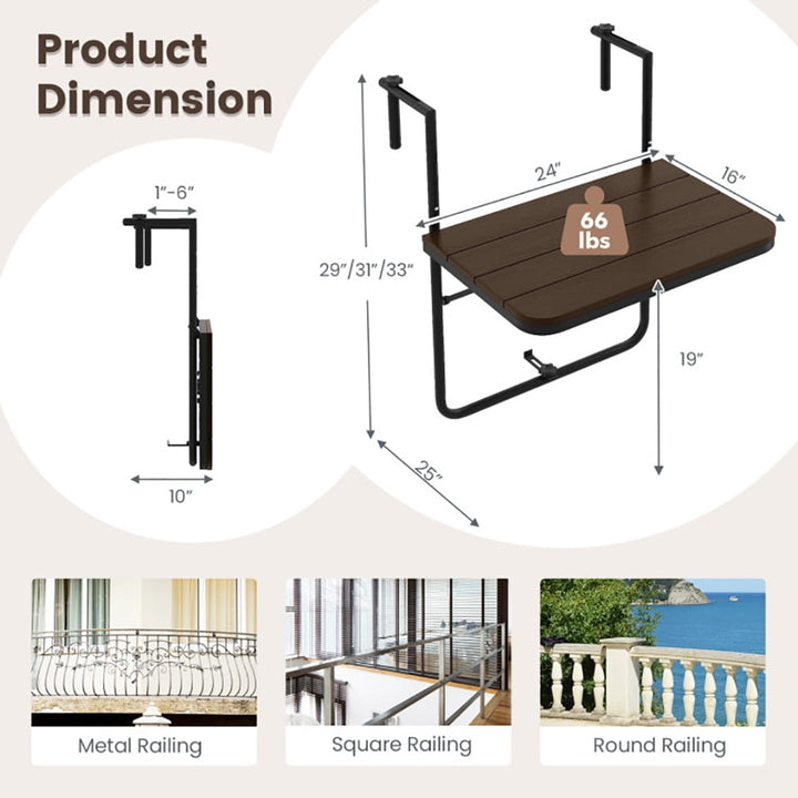 Hommoo Folding Hanging Table with 3-Level Adjustable Height for Patio Balcony-Coffee, Slatted Outdoor Coffee Table for Image 4