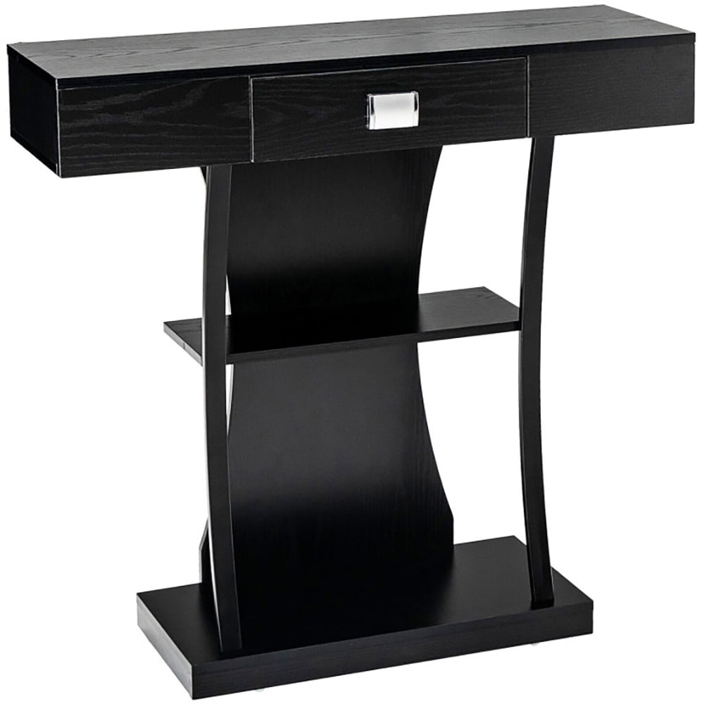 Hommoo Console Table with Drawer and 2-Tier Shelves for Entryway Living Room, Narrow Console Table, Black Image 1