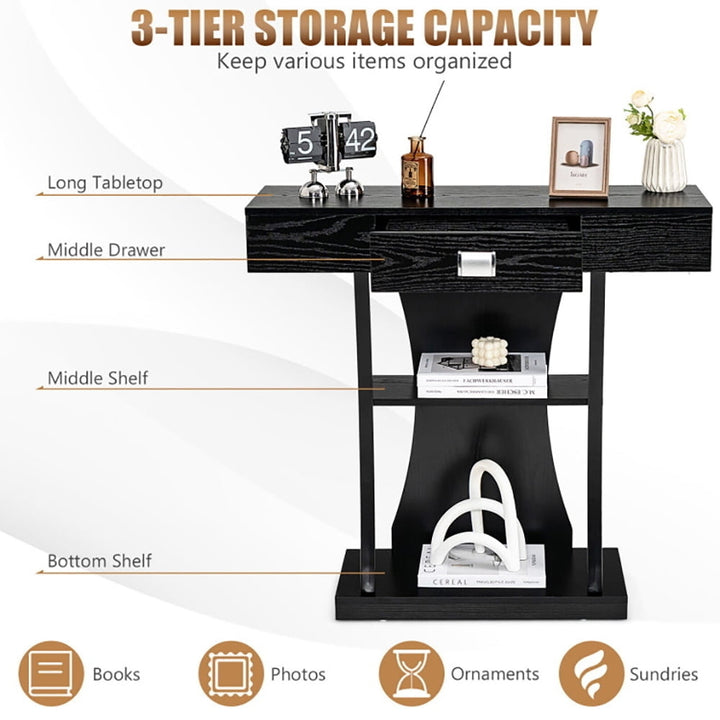 Hommoo Console Table with Drawer and 2-Tier Shelves for Entryway Living Room, Narrow Console Table, Black Image 5