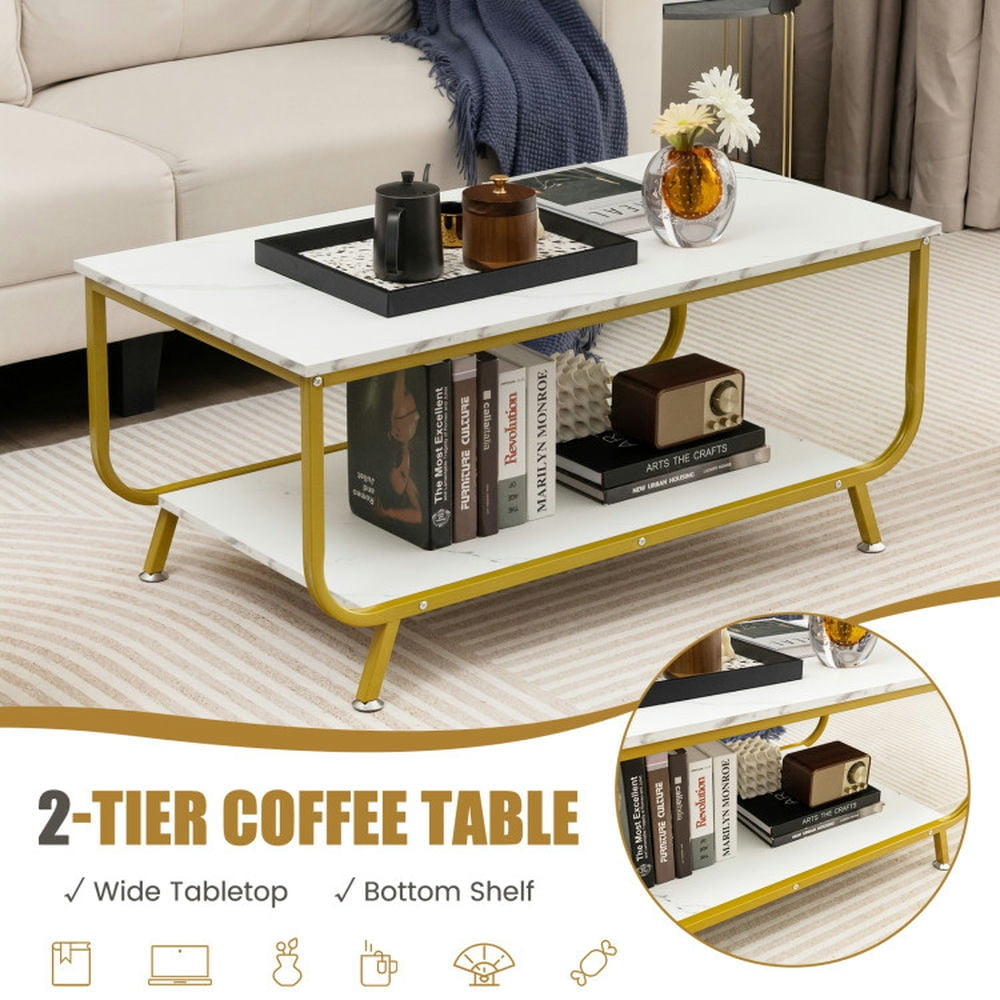 Hommoo 2-Tier Faux Marble Top Rectangular Coffee Table with Metal Frame-White, Modern Coffee Table for Living Room Image 2