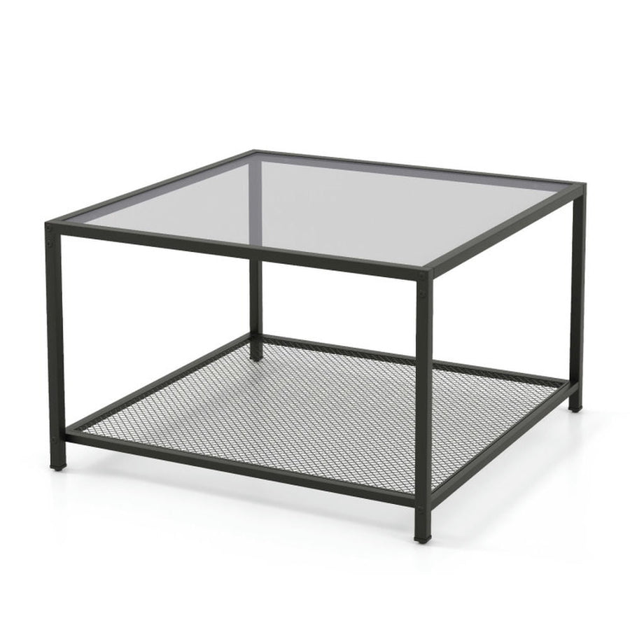 Hommoo Modern 2-Tier Square Glass Coffee Table with Mesh Shelf-Gray, Modern Coffee Table for Living Room Office Image 1