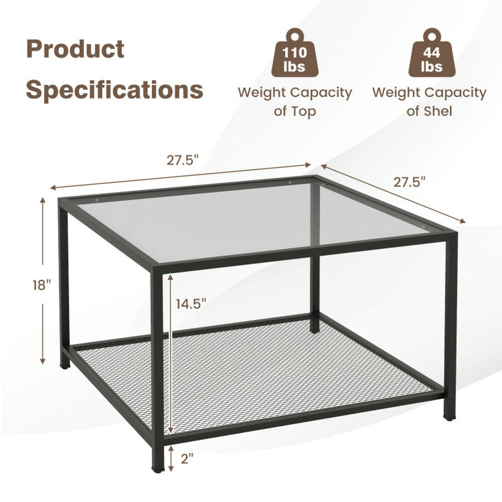 Hommoo Modern 2-Tier Square Glass Coffee Table with Mesh Shelf-Gray, Modern Coffee Table for Living Room Office Image 2