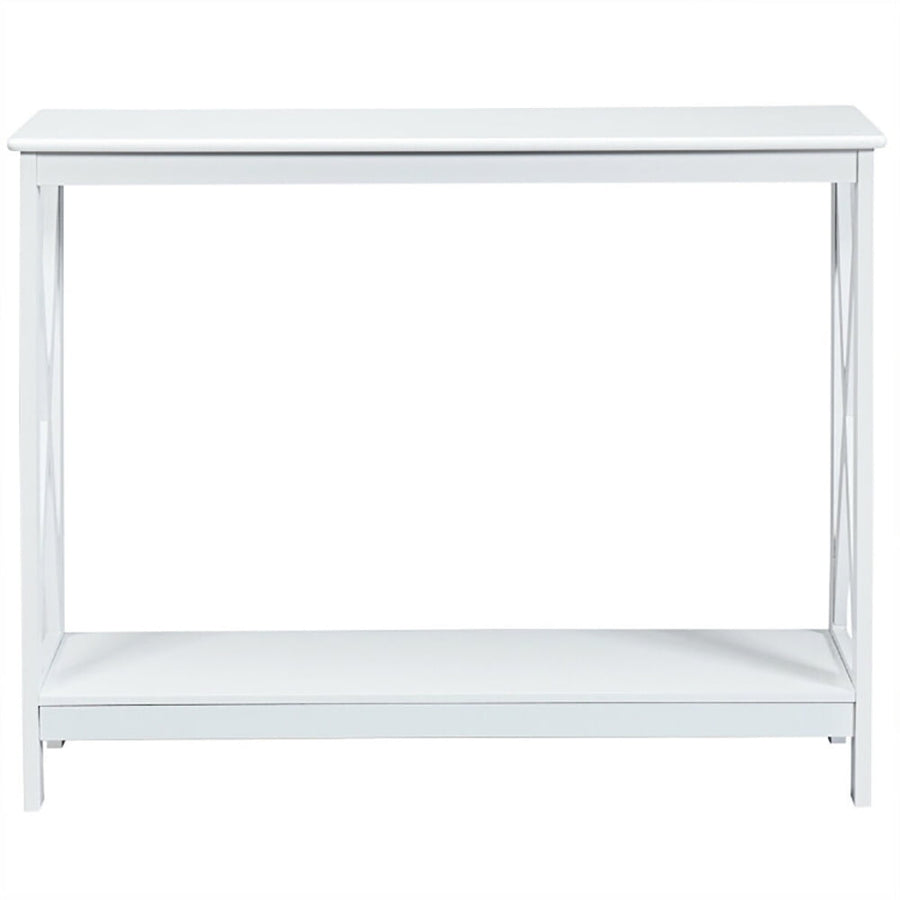 Hommoo 2-Tier Console X-Design Sofa Side Accent Table-White, Narrow Console Table, Entryway Hall Table with Shelves for Image 1