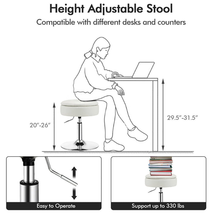 Hommoo Adjustable 360  Swivel Storage Vanity Stool with Removable Tray-White Image 4