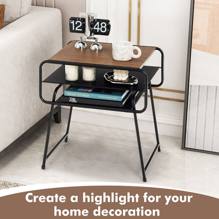 Hommoo 3-tier Compact Side End Table with Storage Shelf-Coffee, Nightstand Small Side Table, End Table for Bedroom Image 2