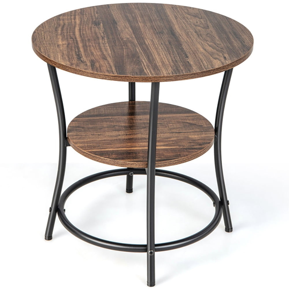 Hommoo 2-Tier Round End Table with Open Storage Shelf and Sturdy Metal Frame-Brown Image 1