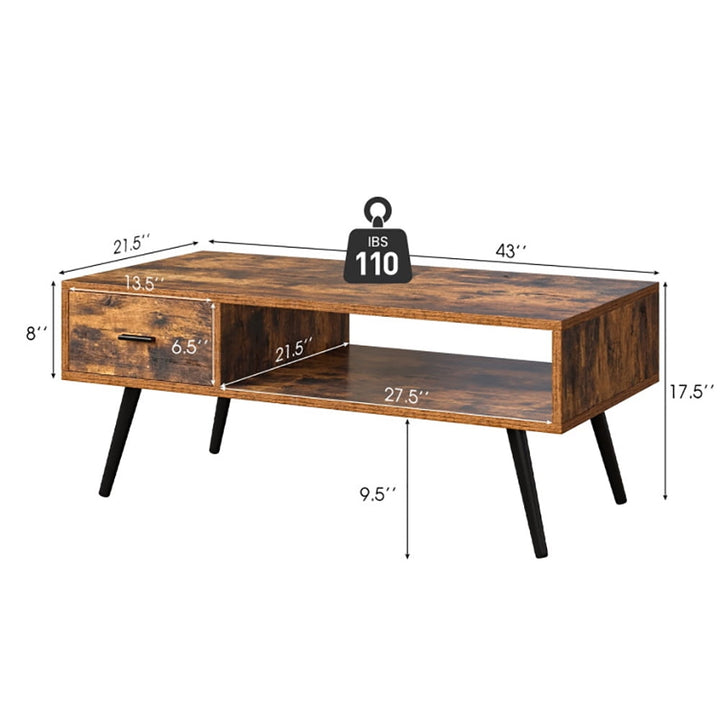 Hommoo Coffee Table, Modern Sofa Table Tea Table,Retro Rectangular Coffee Table with Drawer and Storage Shelf-Rustic Image 3