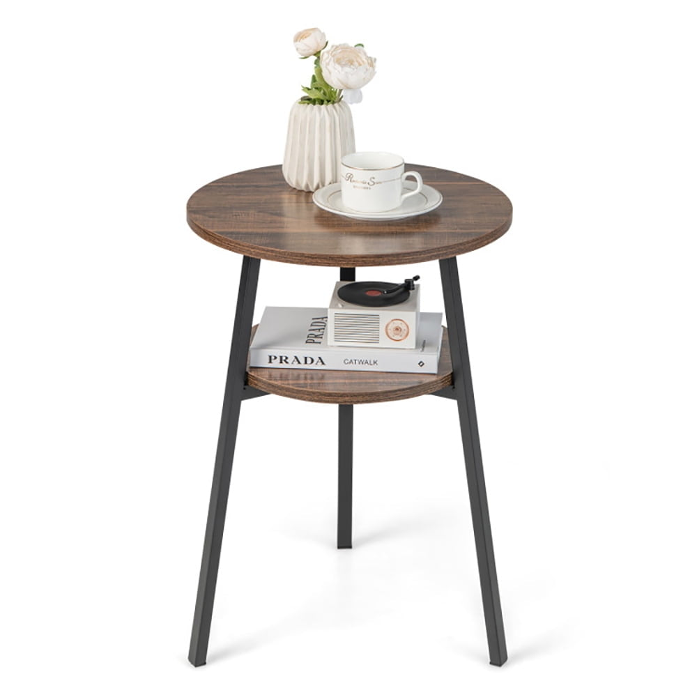 Hommoo 2-Tier Round End Table with Open Shelf and Triangular Metal Frame-Brown Image 1