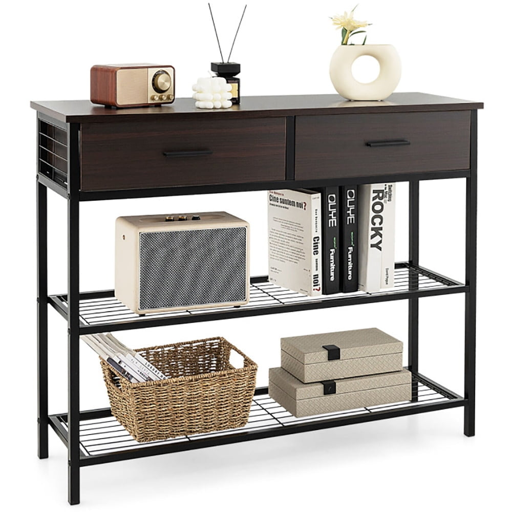 Hommoo 39.5 Inch Entryway Table with 2 Drawers and 2-Tier Shelves, Narrow Console Table, Dark Brown Image 2